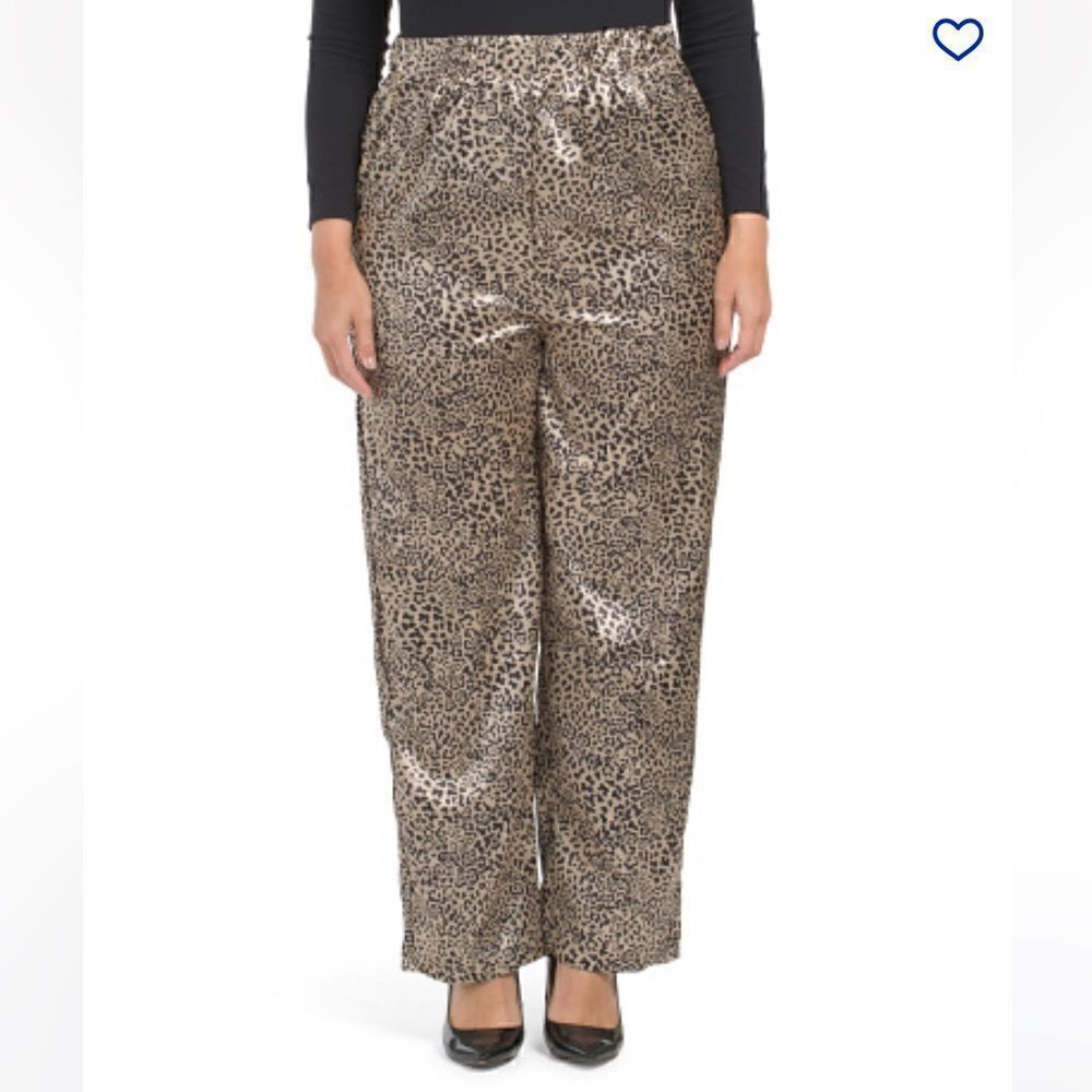Oppa! Plus Straight Fit Animal Print Satin Pants Gold Leopard 1X NWT